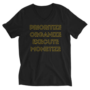 JSFEQUIERE- PRIORITIZE-Unisex Short Sleeve V-Neck T-Shirt (black)